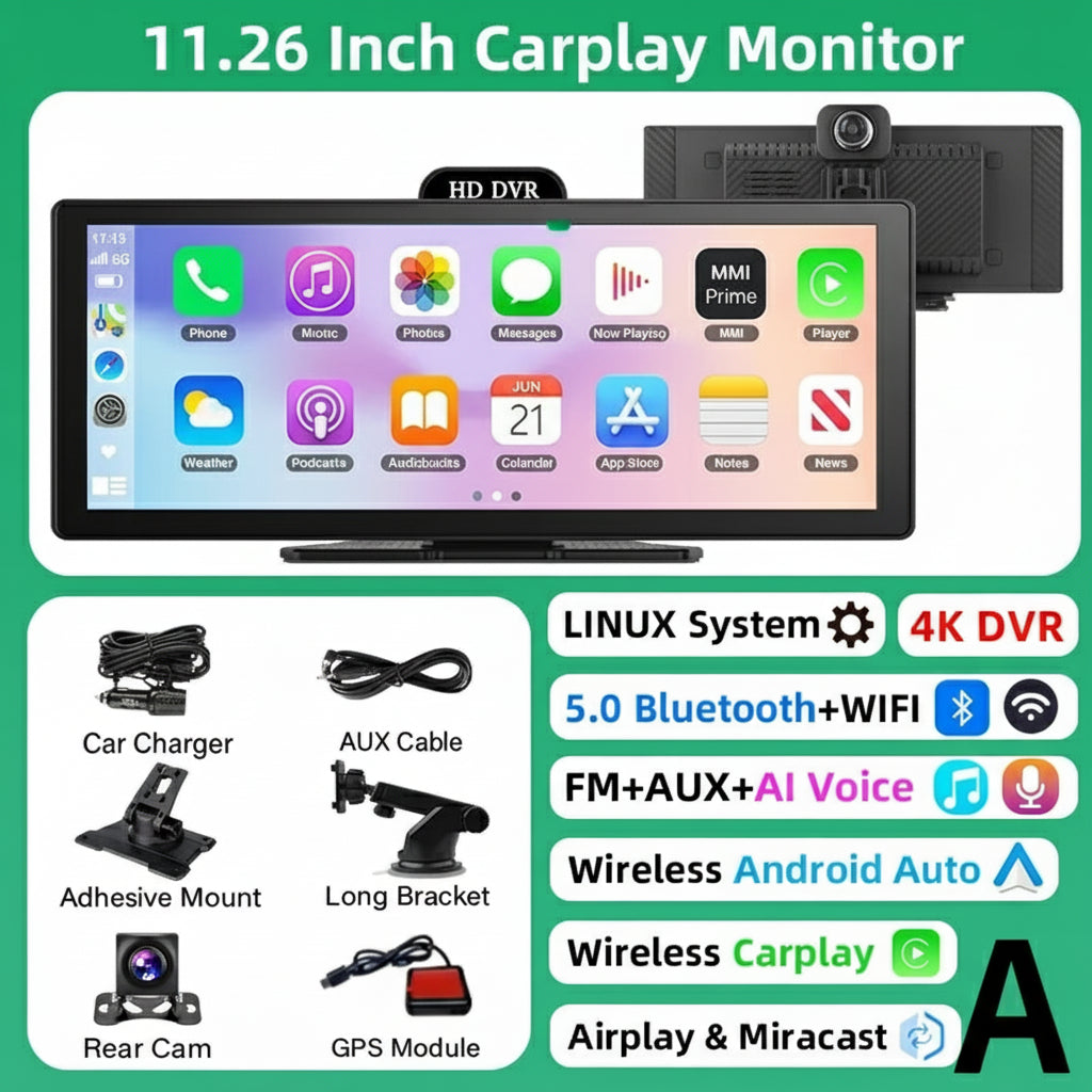 10"/11.26" 4K Dual Lens DVR with Wireless CarPlay by Snagg A Car DVR