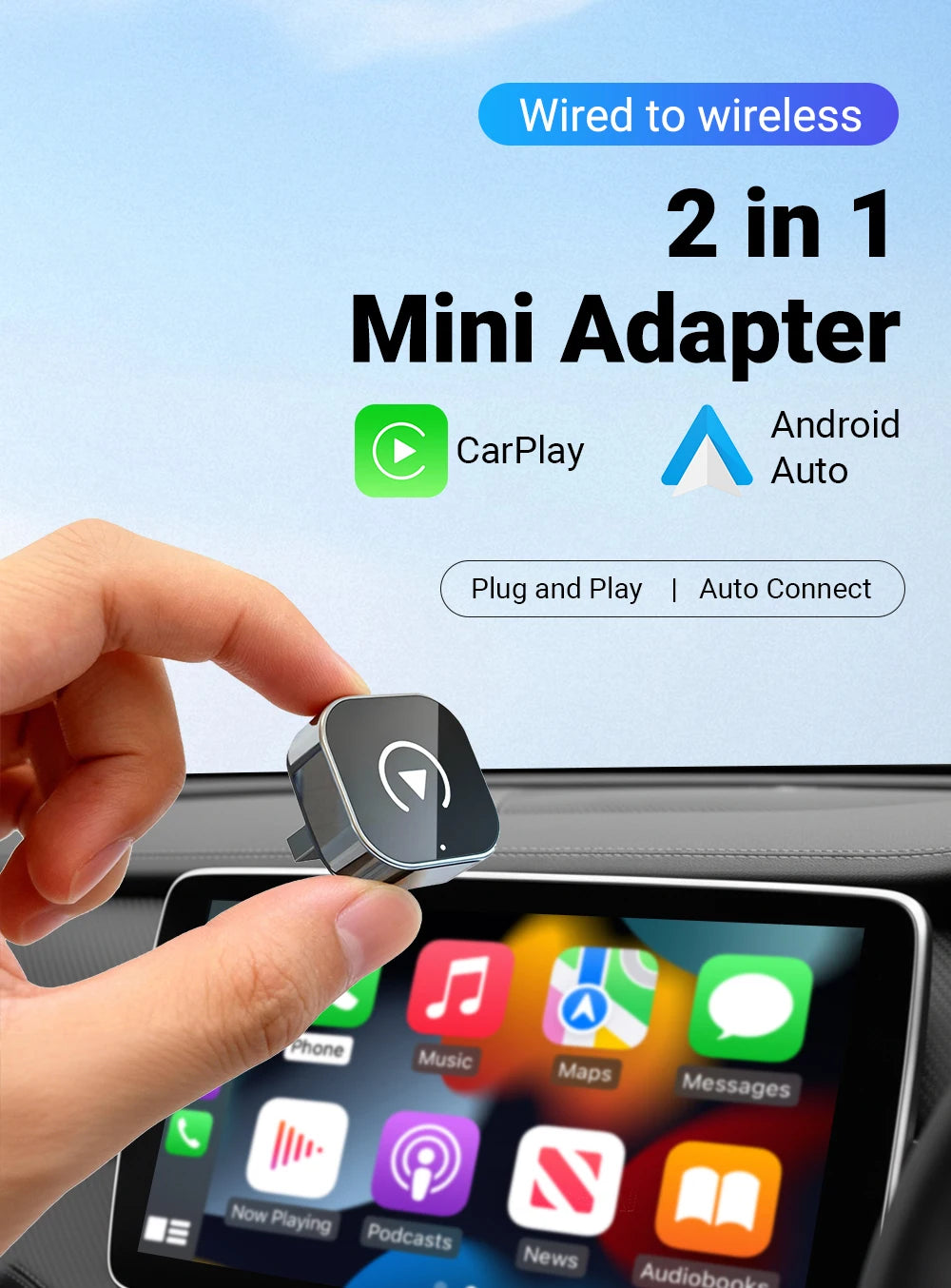2 in 1 Wired to Wireless CarPlay & Android Auto Adapter – Smart Car Accessory - black