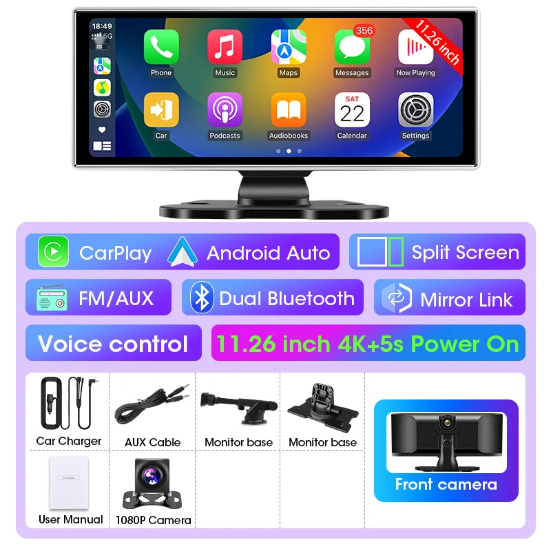10/11.26 inch Dash Cam 4K Car DVR Wireless Carplay & Android Auto GPS Navigation Video Recorder Dashboard Dual Lens Wifi FM AUX by SnaggIt