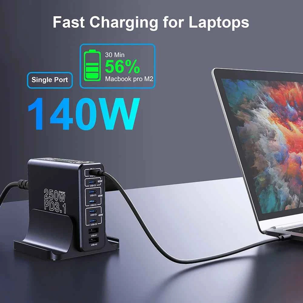 250W GaN 8-Port USB-C Desktop Charger | PD3.1 Fast Charging Station for iPhone Samsung Laptop