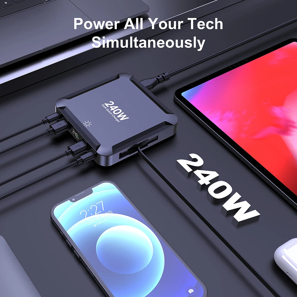 240W GaN Desktop Charger | Digital Display + 100W Retractable USB-C Cable Fast Charger Phone Laptop