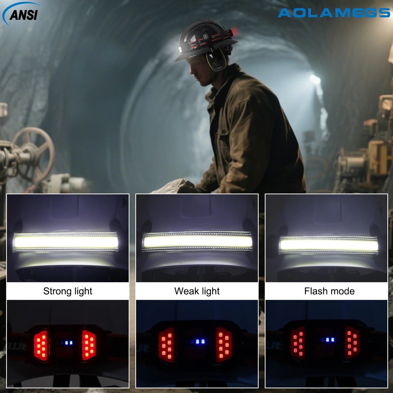 Full brim construction safety helmet with earmuffs and head lamp – image 5
