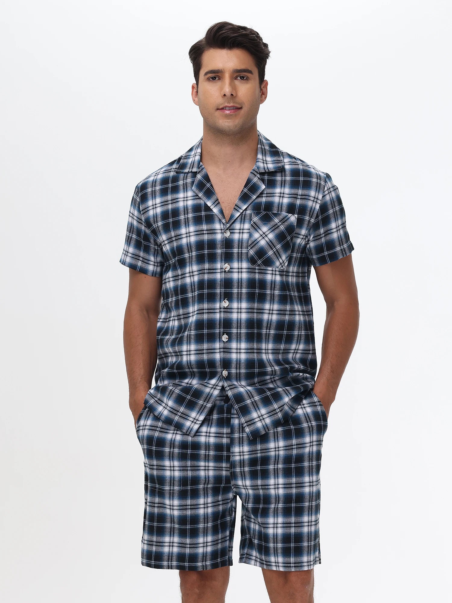 Men's Cotton Short Pajama Set | 2-Piece Breathable Button Top & Elastic Shorts Summer Loungewear