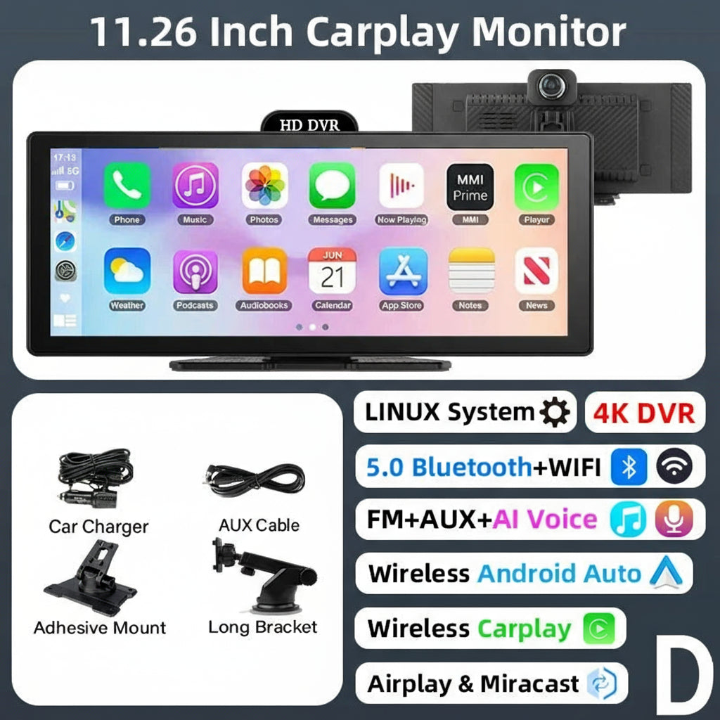 10"/11.26" 4K Dual Lens DVR with Wireless CarPlay by Snagg A Car DVR