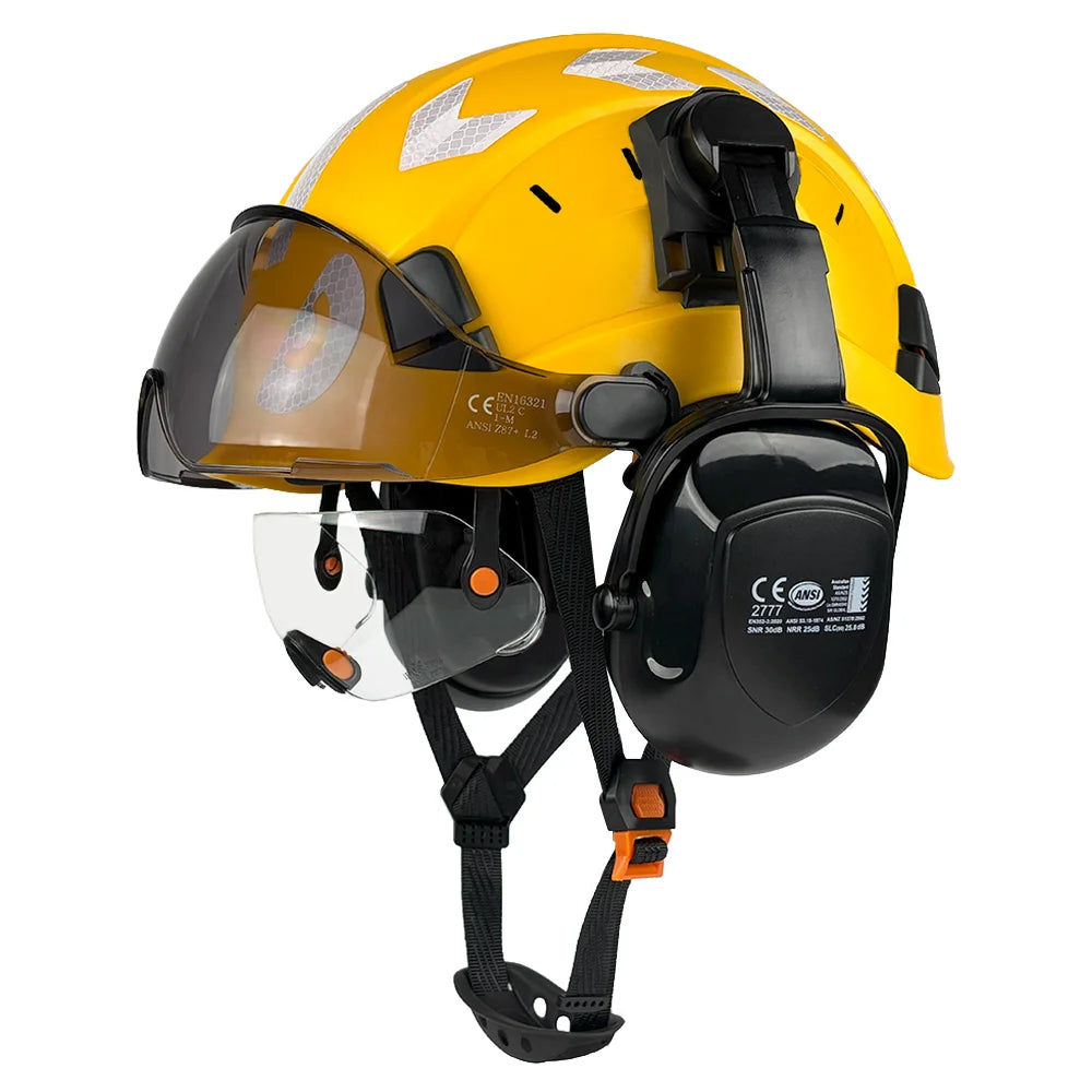 Vented construction safety helmet with twin visors, earmuffs and reflective stickers – image 11