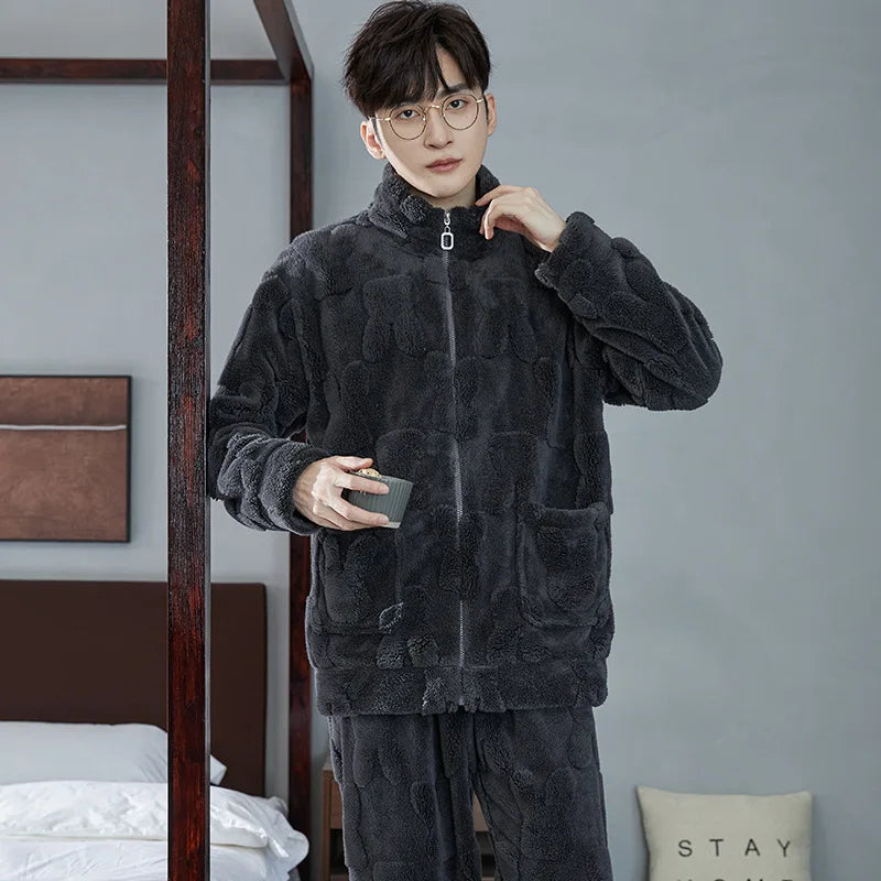 Men's Coral Fleece Pajama Set | Thickened Flocking Long Sleeve Winter Warm Couple Loungewear