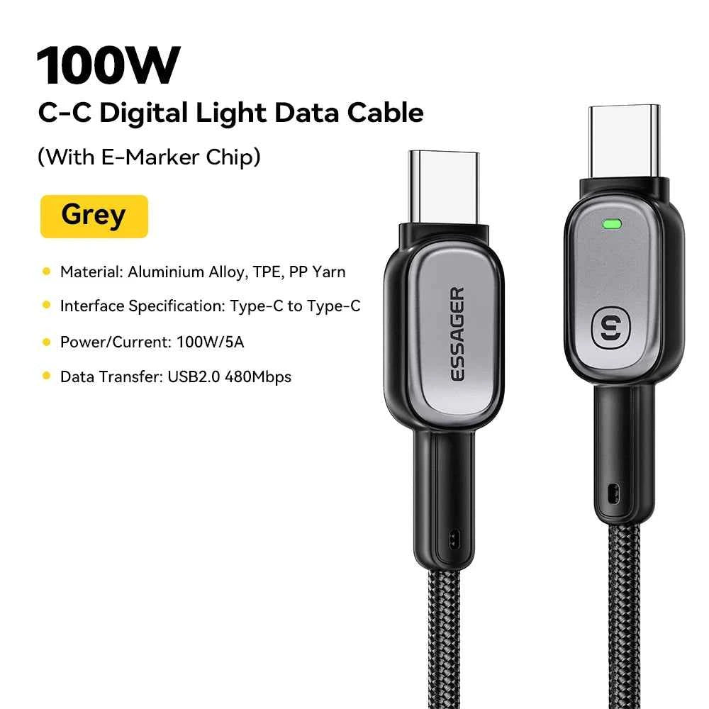 USB-C to USB-C Cable 100W 5A PD | LED Fast Charging Cable for iPhone 16 15 Samsung MacBook Tablet Laptop