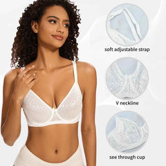 Plus Size Plunge Minimizer Bra | Floral Lace Mesh Underwire Full Coverage Big Bust
