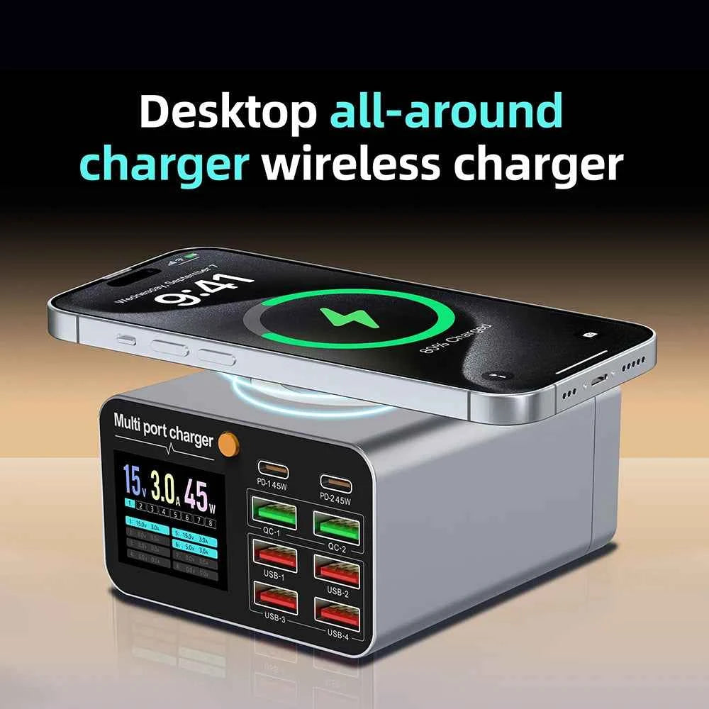 80W/120W 8-Port Charging Station | Digital Display USB-C Wireless Charger PD QC3.0 for Laptop Tablet Phone