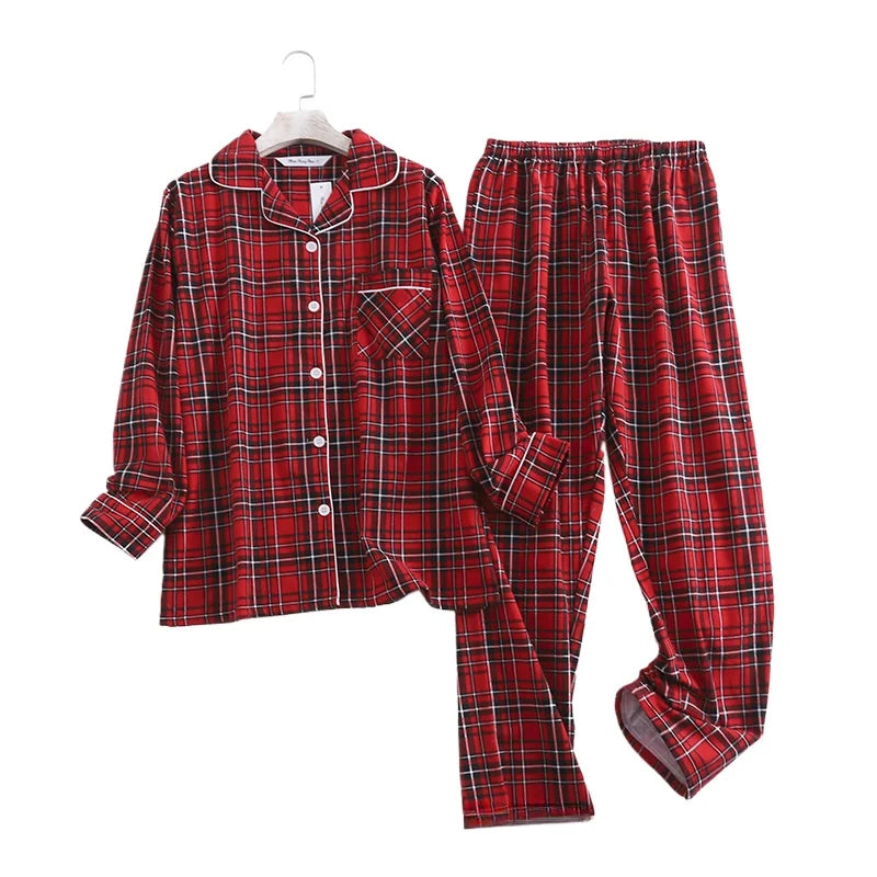 Women's Cotton Flannel Pajama Set | Plaid Long Sleeve Long Pants Loose Autumn Winter Sleepwear