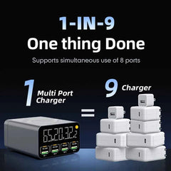 80W/120W 8-Port Charging Station | Digital Display USB-C Wireless Charger PD QC3.0 for Laptop Tablet Phone