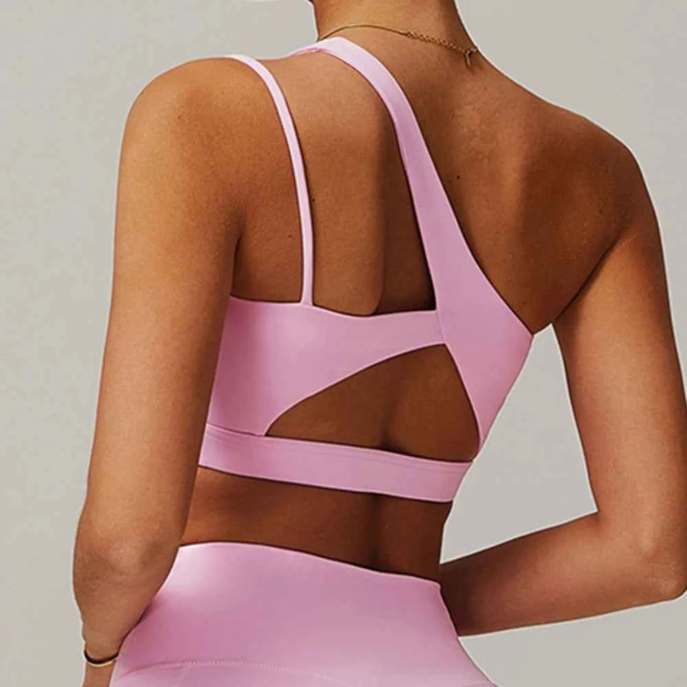 Women's Oblique Shoulder Yoga Bra | Hollow-Out Back Push-Up Gym Running Fitness Vest Workout Top