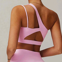 Women's Oblique Shoulder Yoga Bra | Hollow-Out Back Push-Up Gym Running Fitness Vest Workout Top