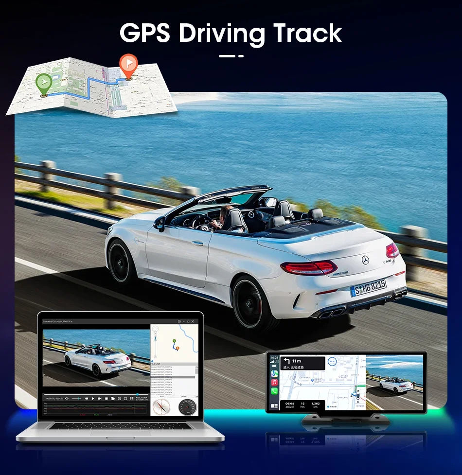 10.26" 4K Dash Cam And Rearview Mirror Car Video Player with Wireless CarPlay by Snagg A Car DVR