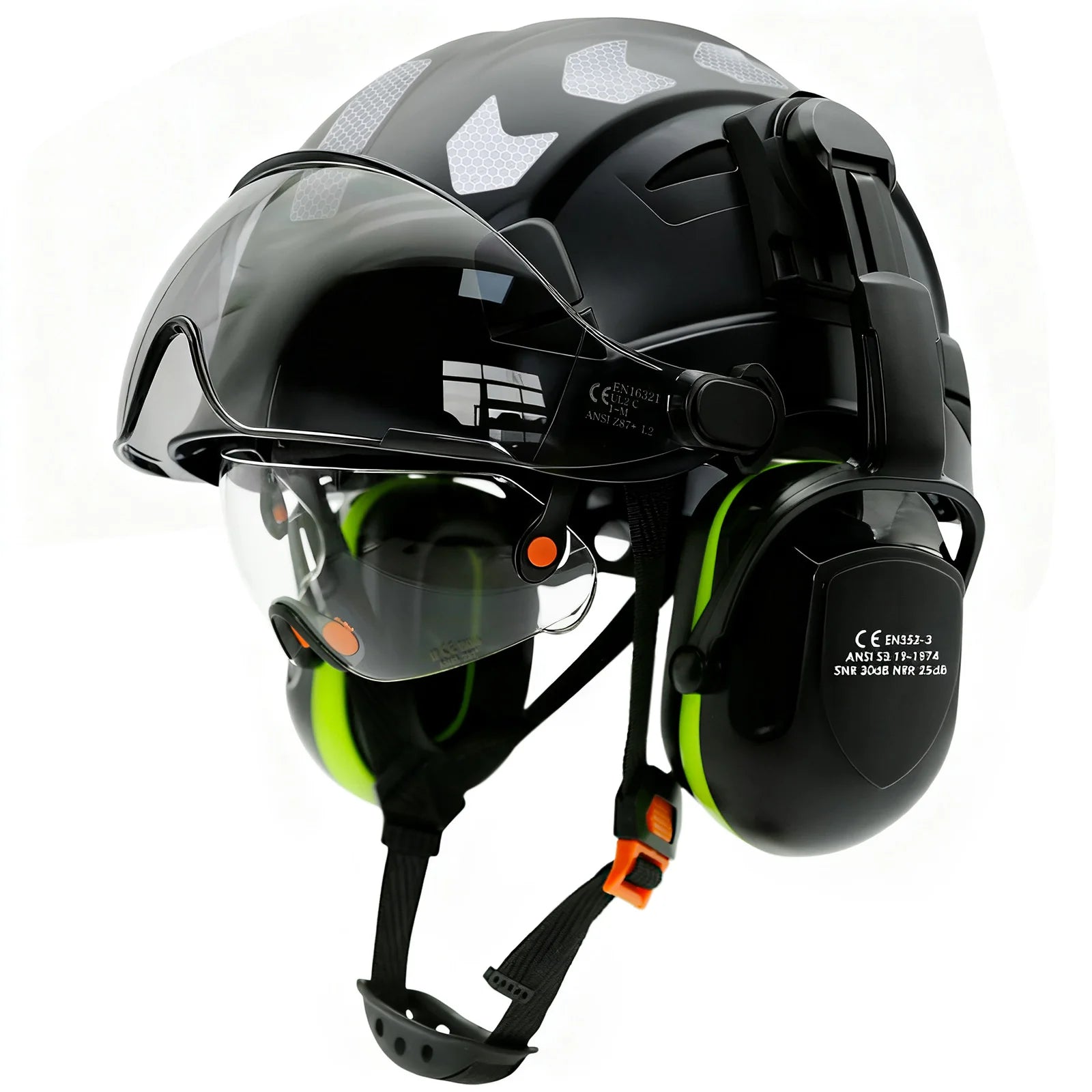 Vented construction safety helmet with double visors and earmuffs – image 10