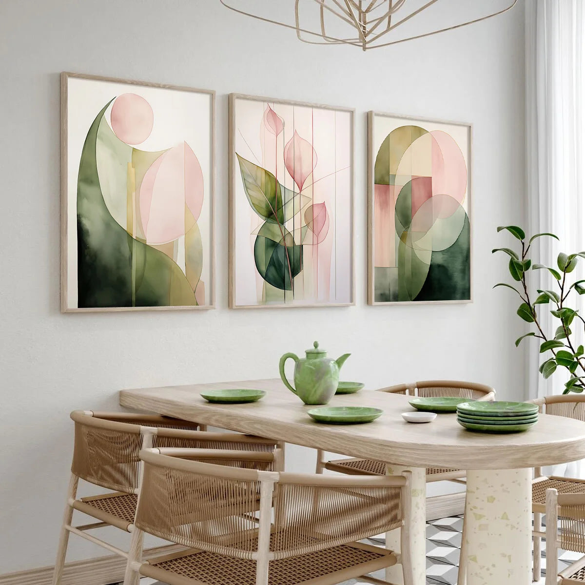 3 Pcs Green & Pink Abstract Plant Wall Art by Snagg A Print