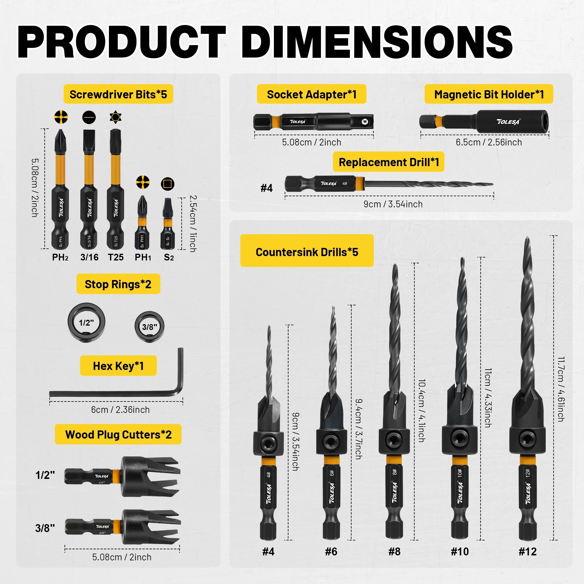 18pc Countersink Drill Bit Set for Wood | Tapered Bits Wood Plug Cutter Extension Bit Holder Screwdriver