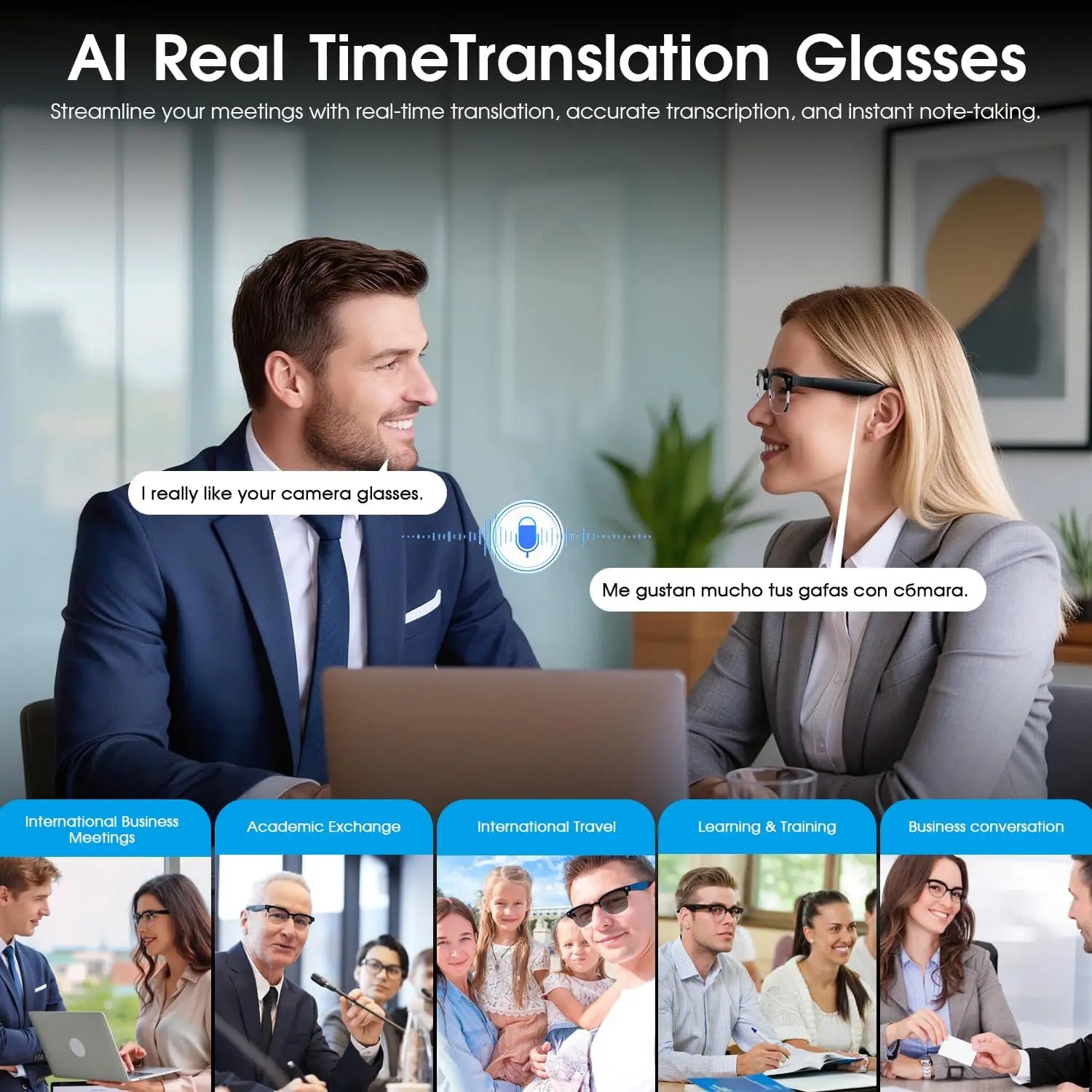 Two professionals using AI Real Time Translation Glasses in a meeting setting with text bubbles and additional usage scenarios displayed below.