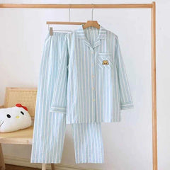 Women's Striped Cotton Pajama Set | Long Sleeve Long Pants 100% Cotton Thin Spring Summer Sleepwear