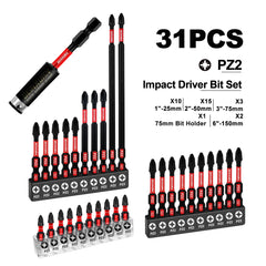 Pozidriv #2 PZ2 Impact Tough Screwdriver Bit Set – S2 Alloy Steel 1"/2"/3"/6" with Storage Organizer