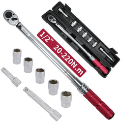 1/2" Drive Torque Wrench Set – 20–220Nm with Sockets & Extension Bars