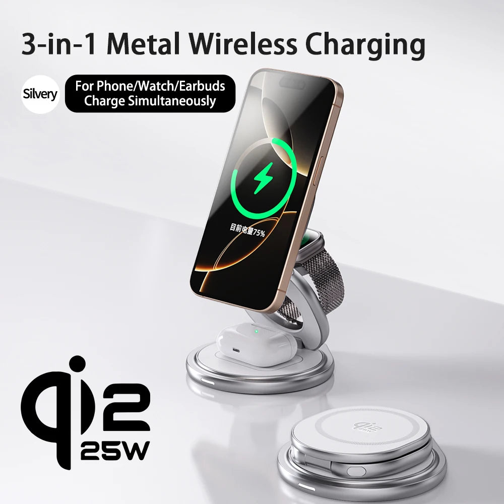 Qi2.2 25W Metal Wireless Charging Stand | 360° Rotation Portable Fast Charger iPhone Watch AirPods