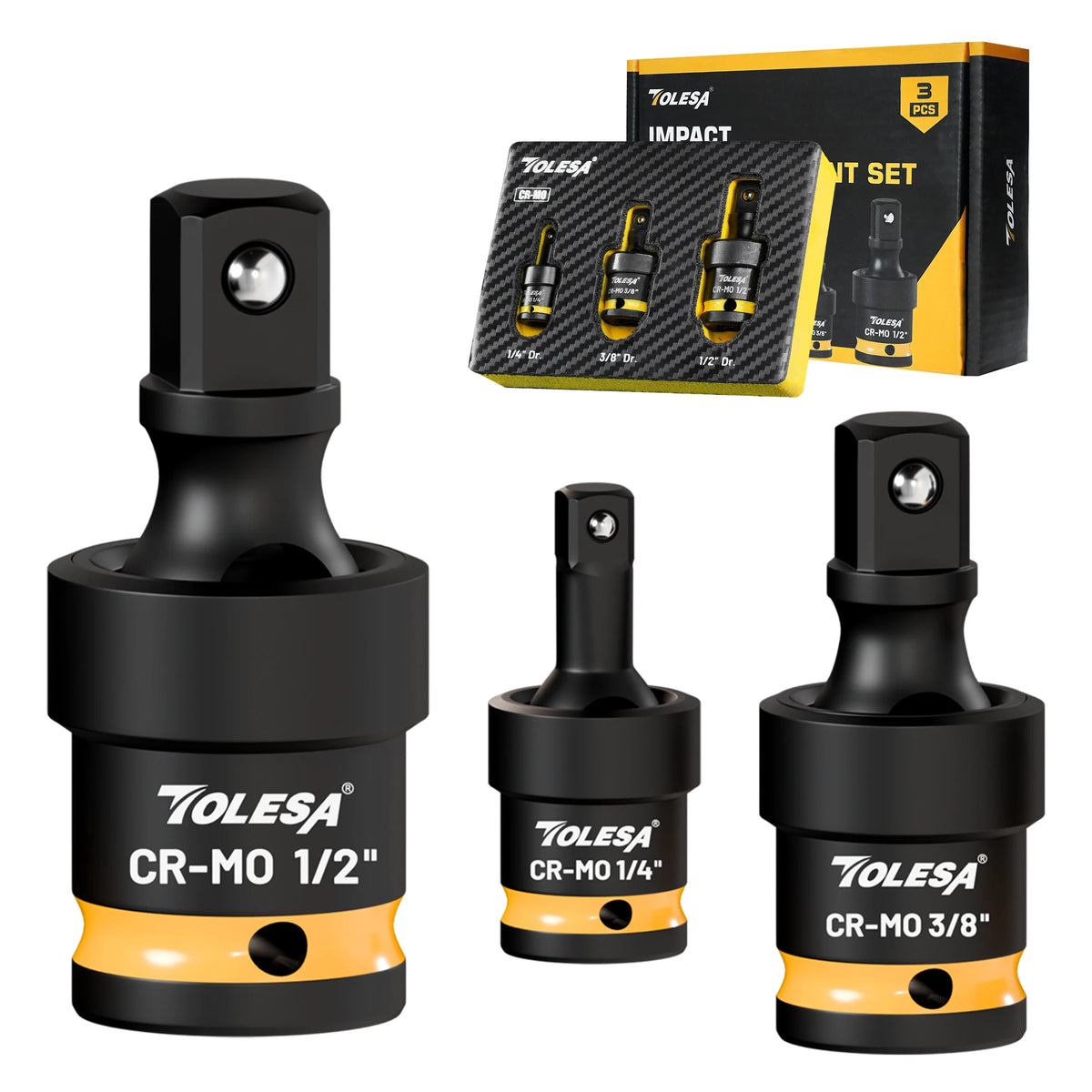 3 Piece Impact Universal Socket Swivel Joint Set (1/4", 3/8", 1/2")