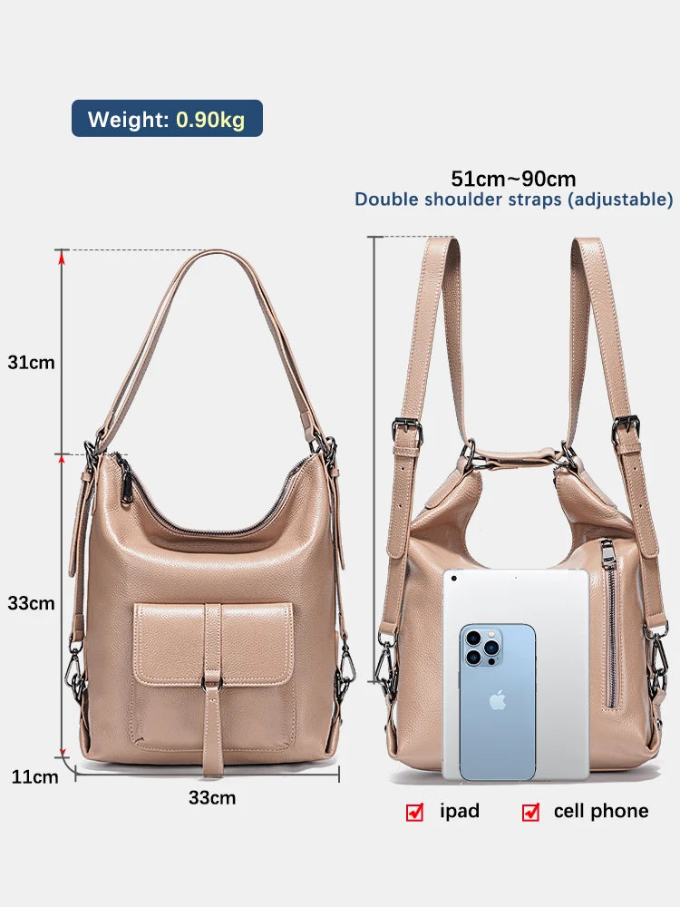 100% Genuine Leather 2-in-1 Shoulder Bag & Backpack – Large Capacity Multifunction Satchel for Women