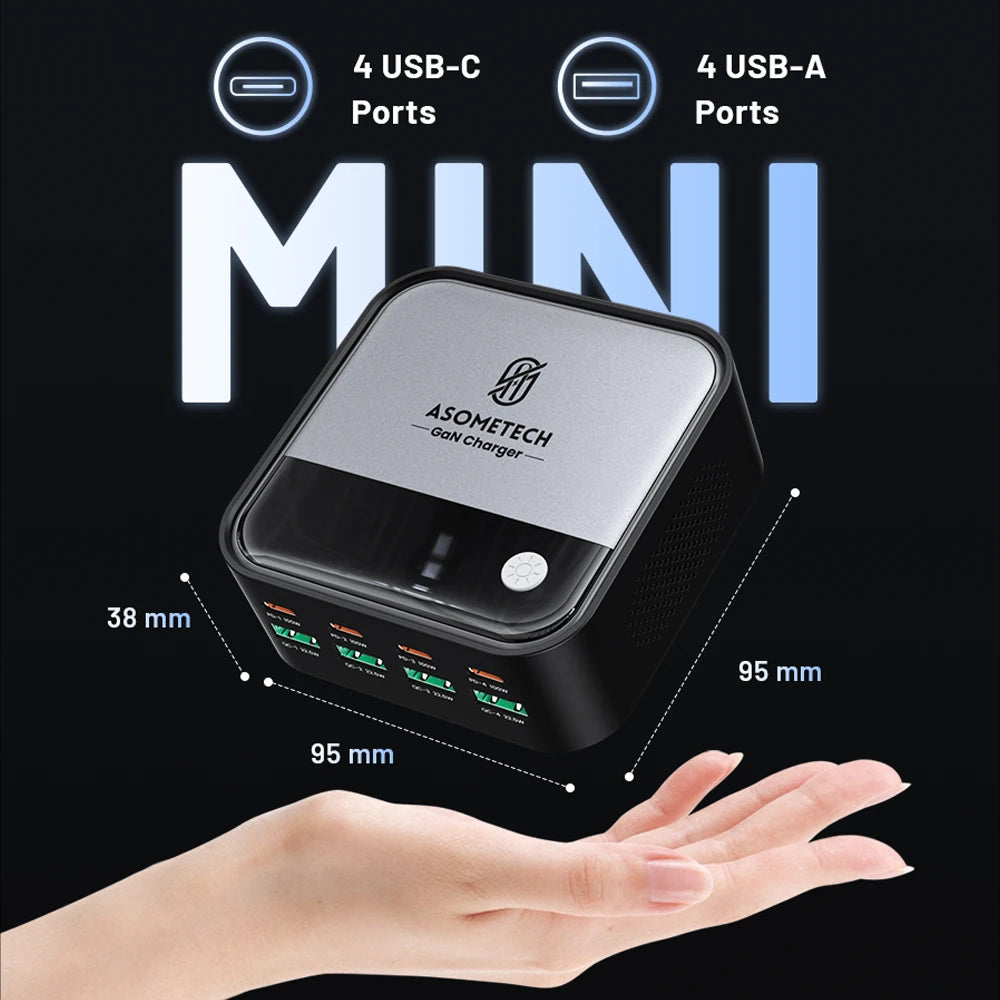 GaN USB-C 8-Port Mini Desktop Charger | Ambient LED 4× 100W PD PPS Fast Charger Laptop Phone