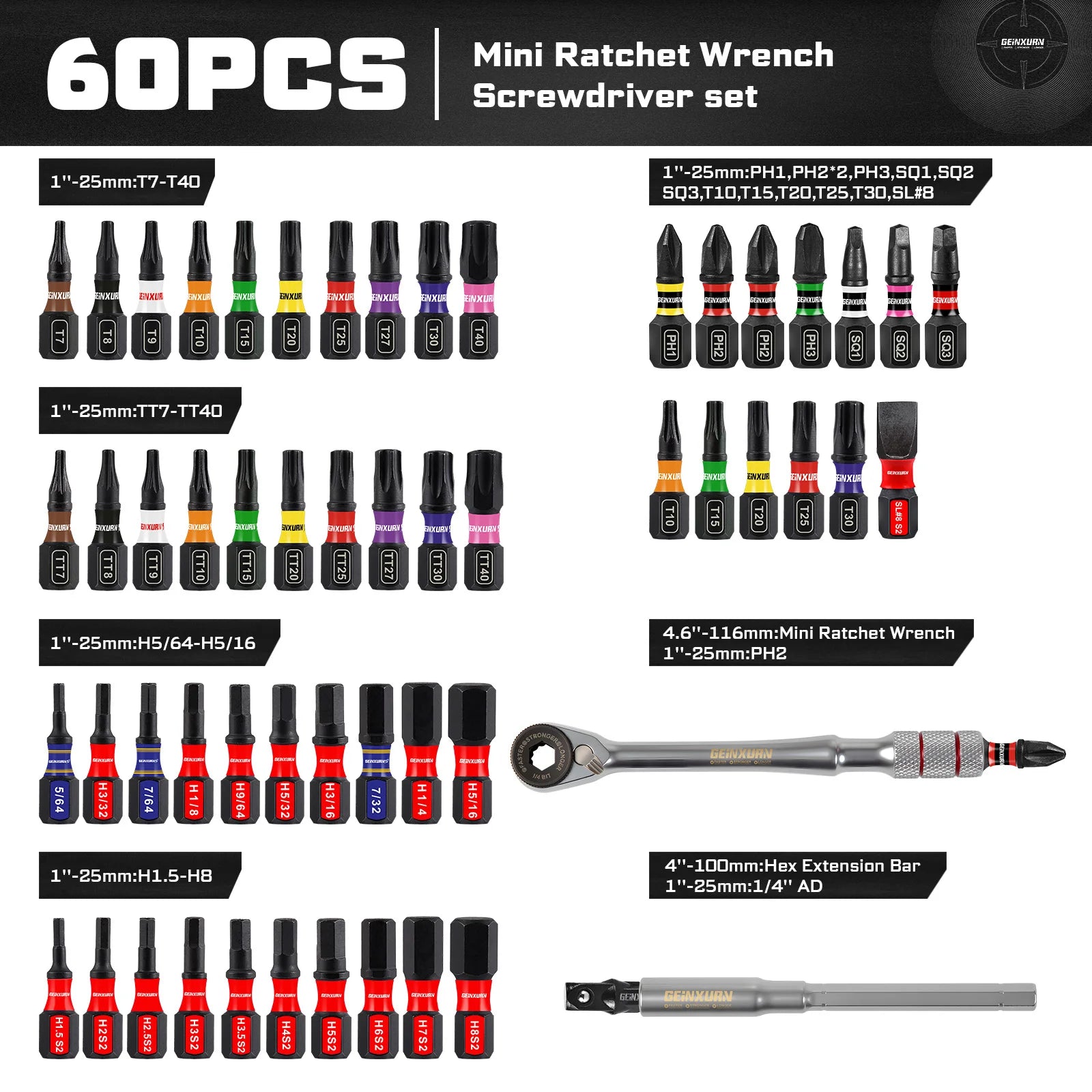 Mini Ratchet Wrench Set 33pcs | 1/4" Adapter S2 Steel Magnetic Screwdriver Bits Colour-Coded Base
