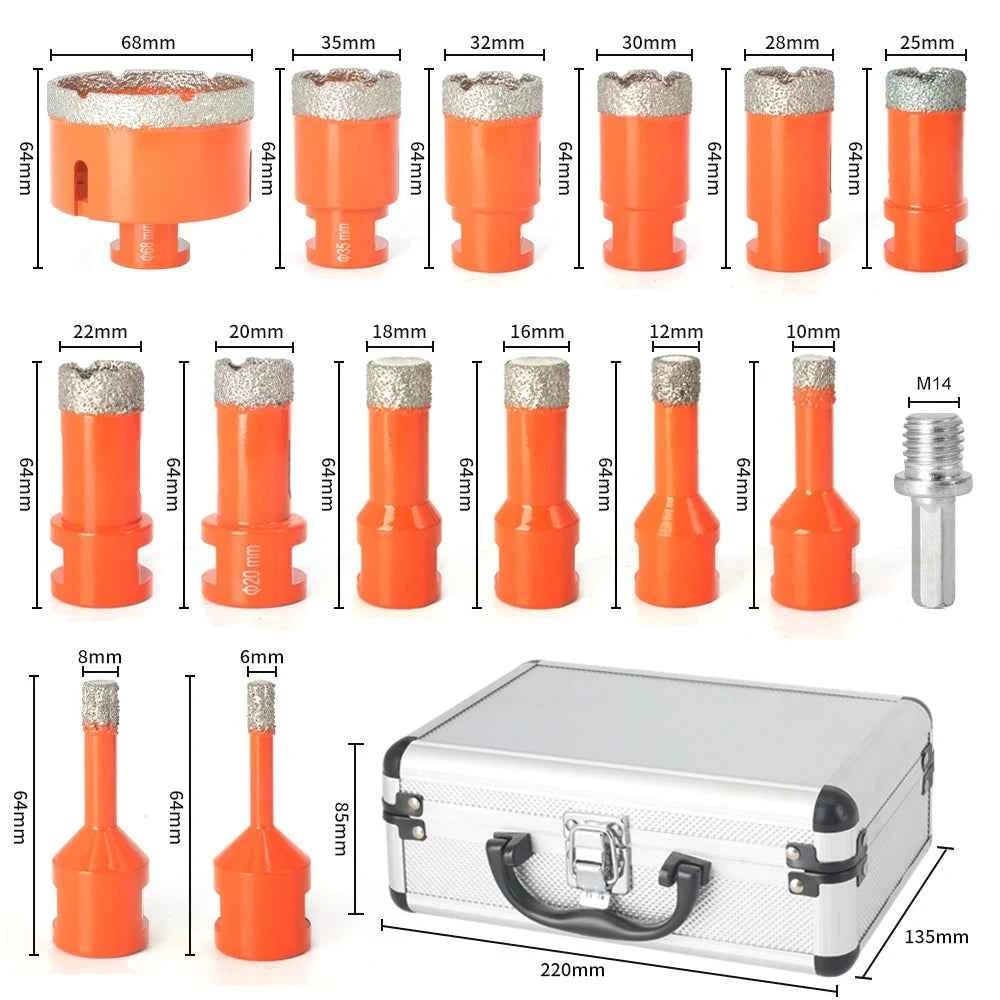 15 Piece Professional Vacuum Brazed Diamond Core Bit Set & M14 Threaded Masonry Hole Saw Kit