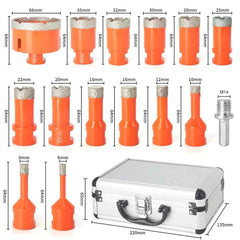 15 Piece Professional Vacuum Brazed Diamond Core Bit Set & M14 Threaded Masonry Hole Saw Kit
