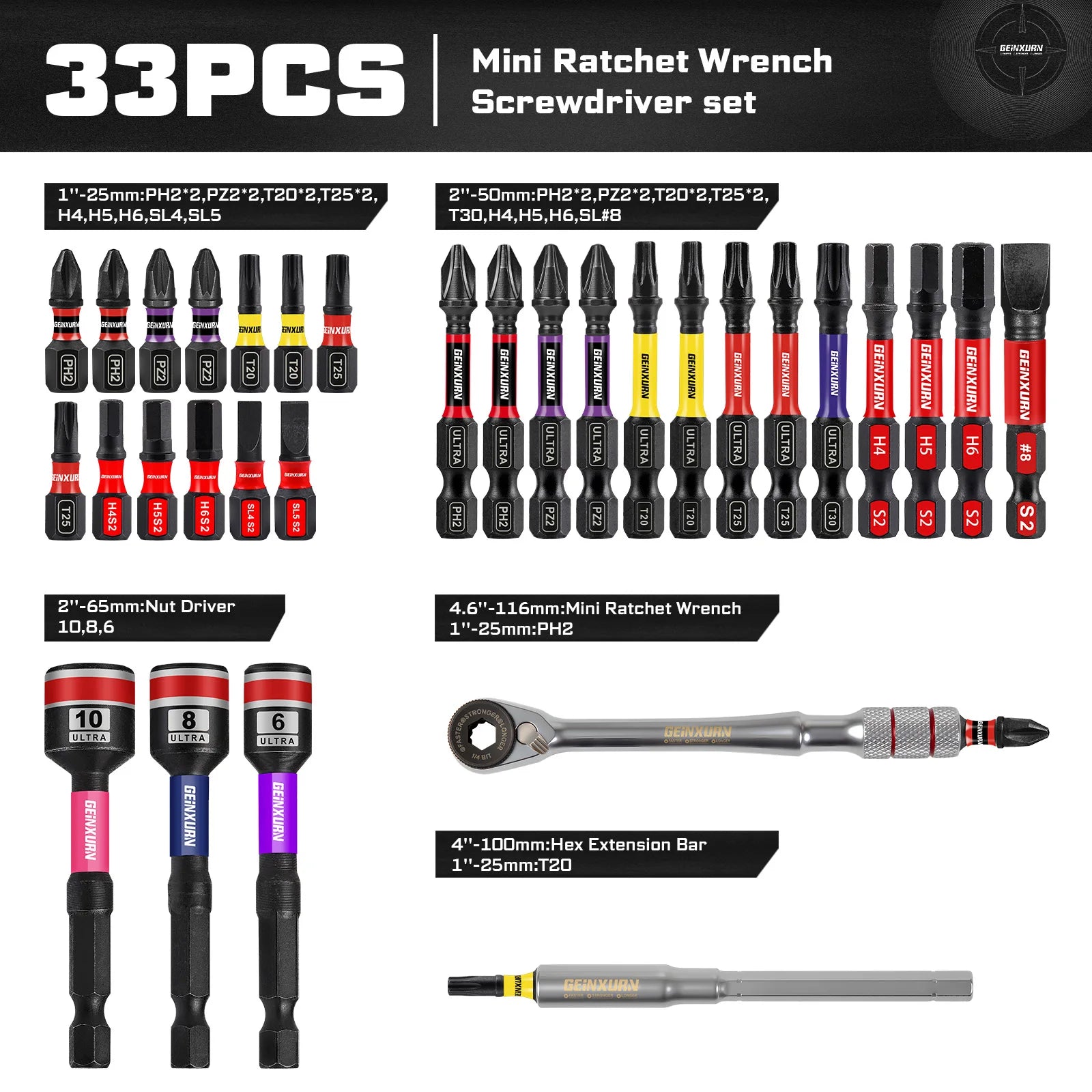 Mini Ratchet Wrench Set 33pcs | 1/4" Adapter S2 Steel Magnetic Screwdriver Bits Colour-Coded Base