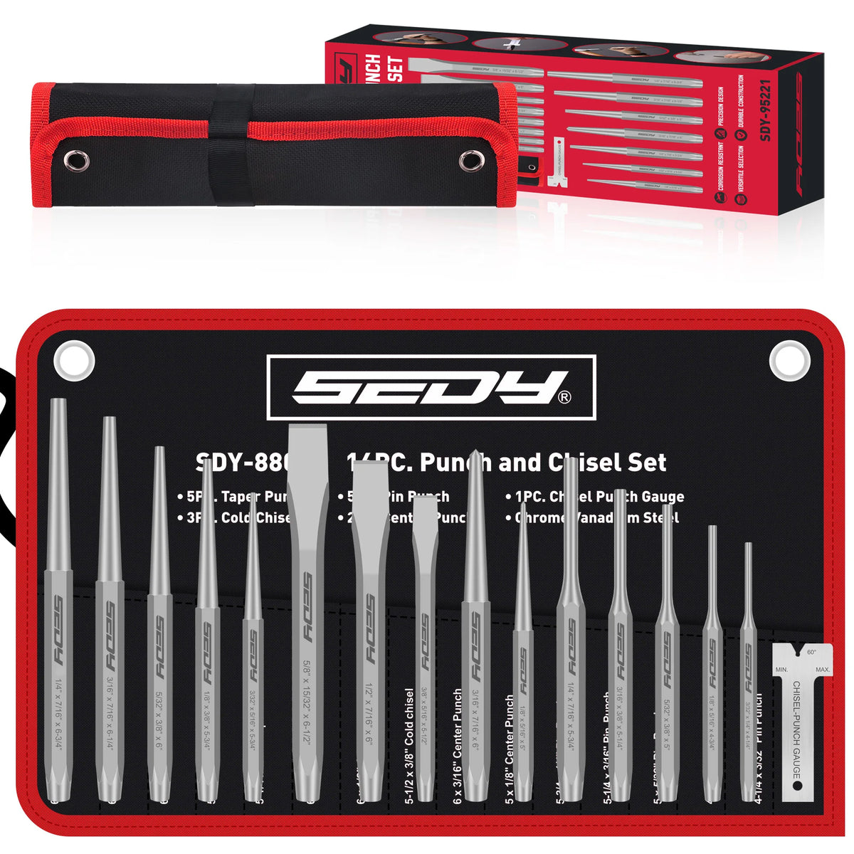 16 Pcs Precision Punch & Chisel Set – Taper, Pin, Center Punch & Cold Chisels with Roll Pouch