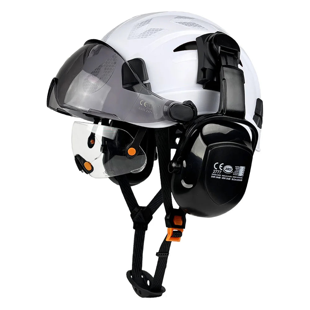Vented construction safety helmet with twin visors, earmuffs and reflective stickers – image 14