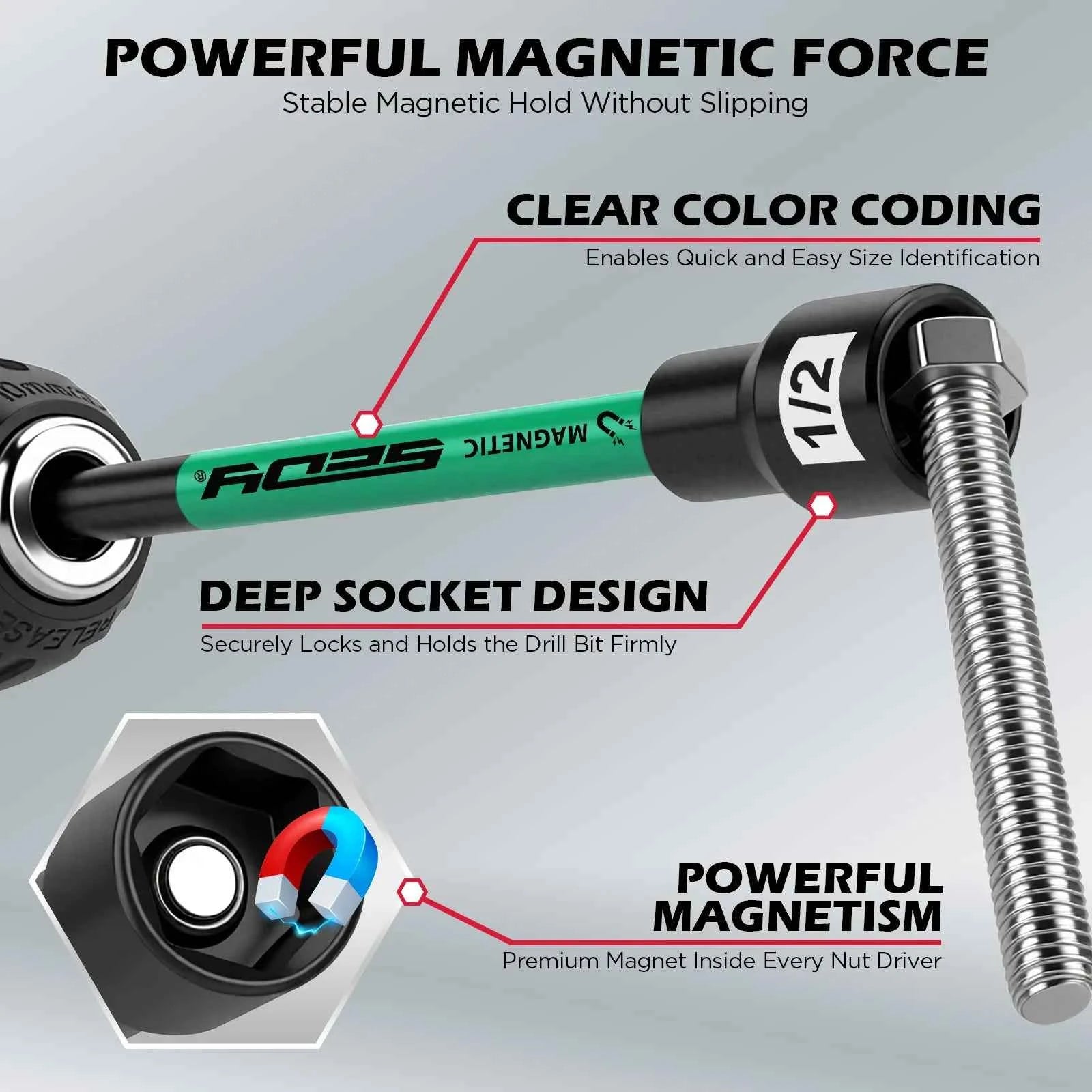 11 Pcs Magnetic Nut Driver Set SAE 9/16"-1/4", 6" Impact Nut Driver+PH2 Bits