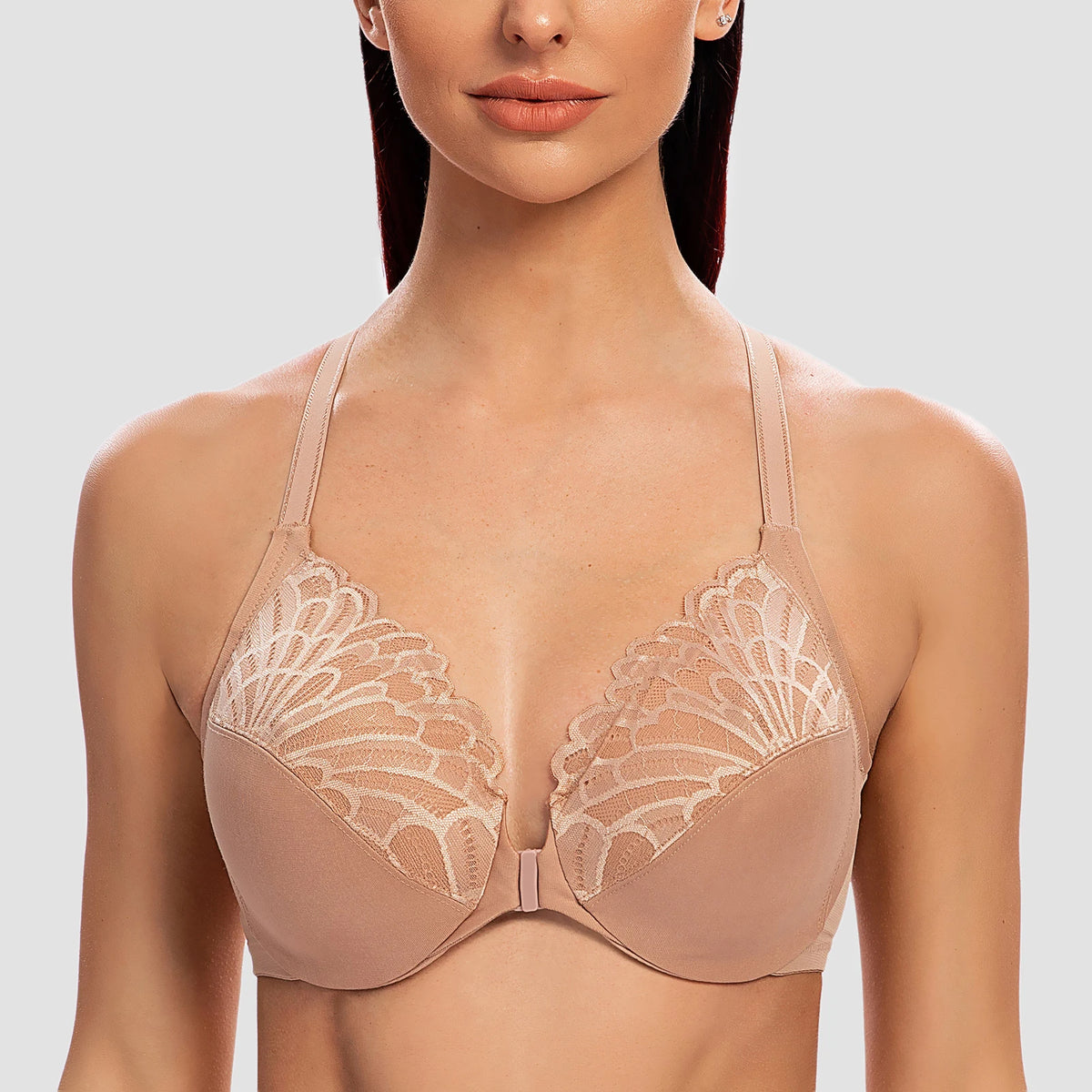 Plus Size Front Closure Racerback Bra | Lace Underwire Full Coverage Unlined