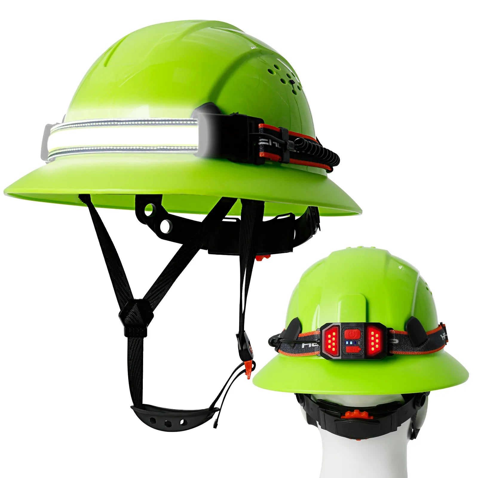 Full Brim Safety Helmet with LED Headlamp & Taillight by Snagg A Safety Helmet