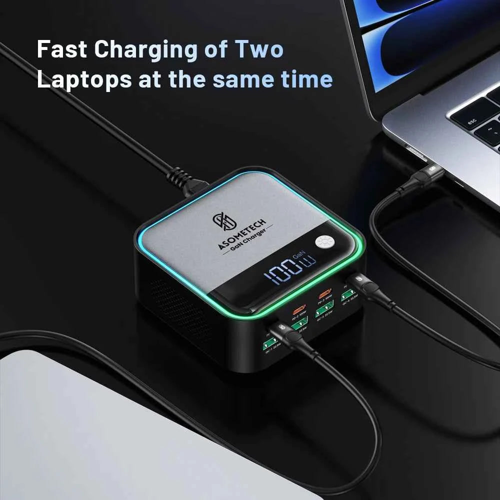 GaN USB-C 8-Port Mini Desktop Charger | Ambient LED 4× 100W PD PPS Fast Charger Laptop Phone