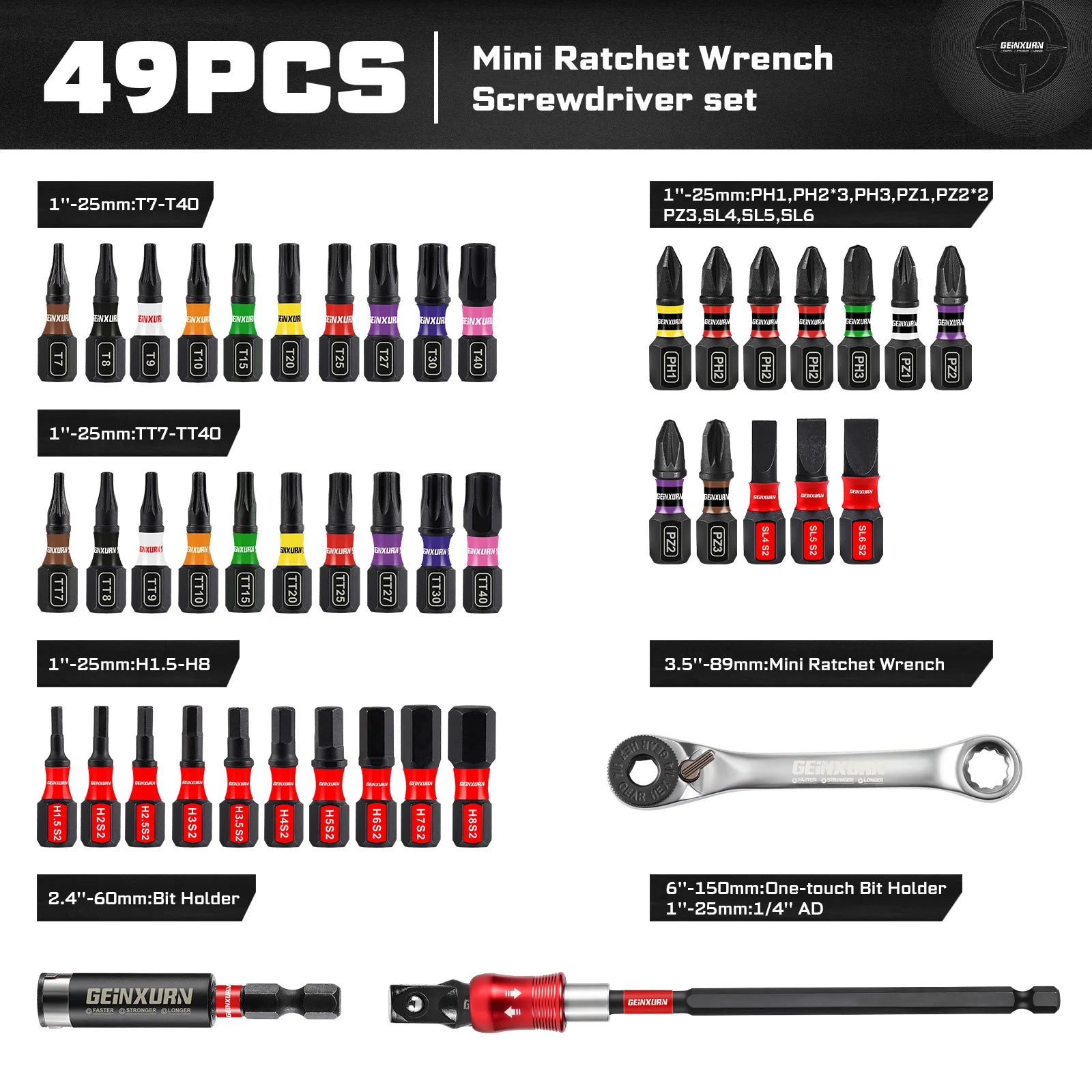 Mini Ratchet Wrench Set 33pcs | 1/4" Adapter S2 Steel Magnetic Screwdriver Bits Colour-Coded Base