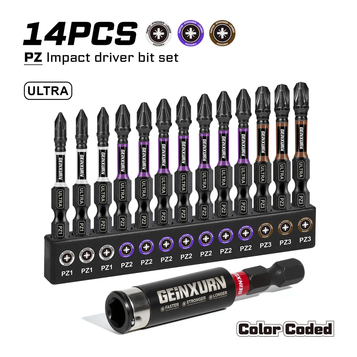 Impact Pozidriv Screwdriver Bits Set PZ1/2/3 14pcs | Magnetic S2 Steel Bits & Bit Holder Colour-Coded