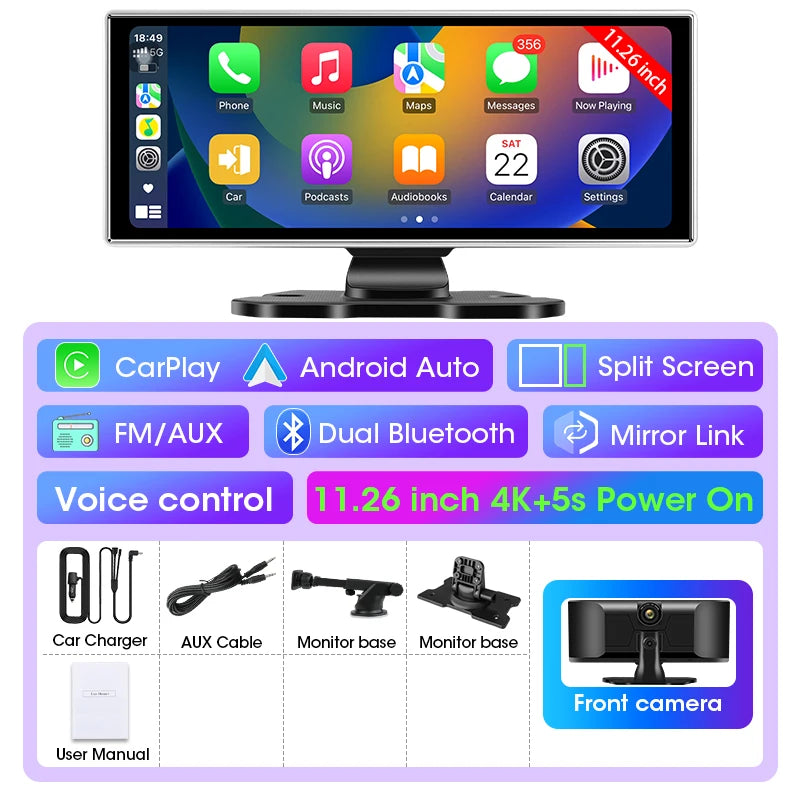 10/11.26 inch Dash Cam 4K Car DVR Wireless Carplay & Android Auto GPS Navigation Video Recorder Dashboard Dual Lens Wifi FM AUX by SnaggIt