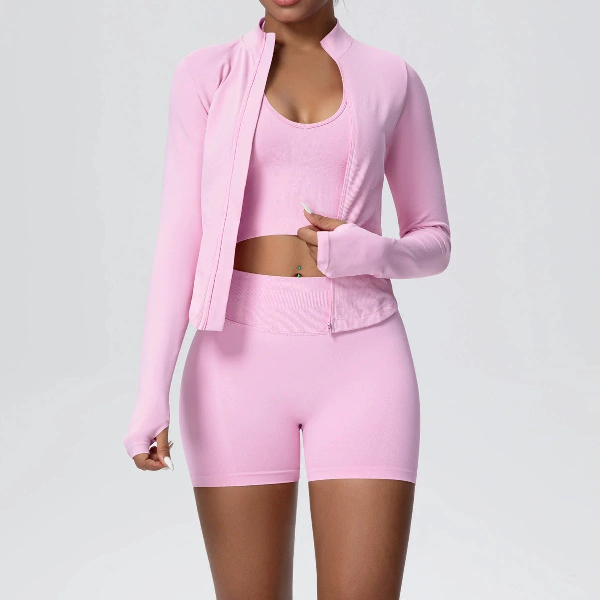 Women's 3-Piece Seamless Yoga Suit | Shockproof Bra Crop Top & Long Sleeve Gym Legging Set