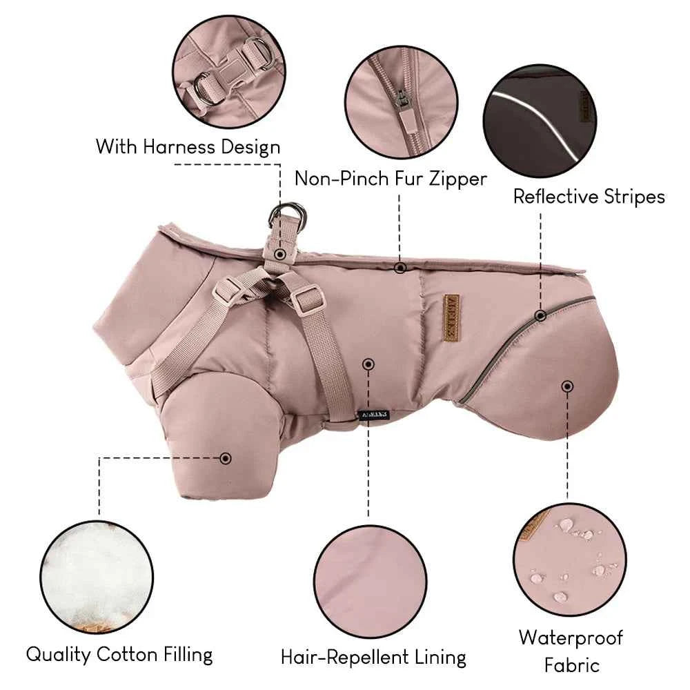 Dog Puffer Jacket with Built-In Harness – Waterproof Winter Snow Coat for Small Dogs