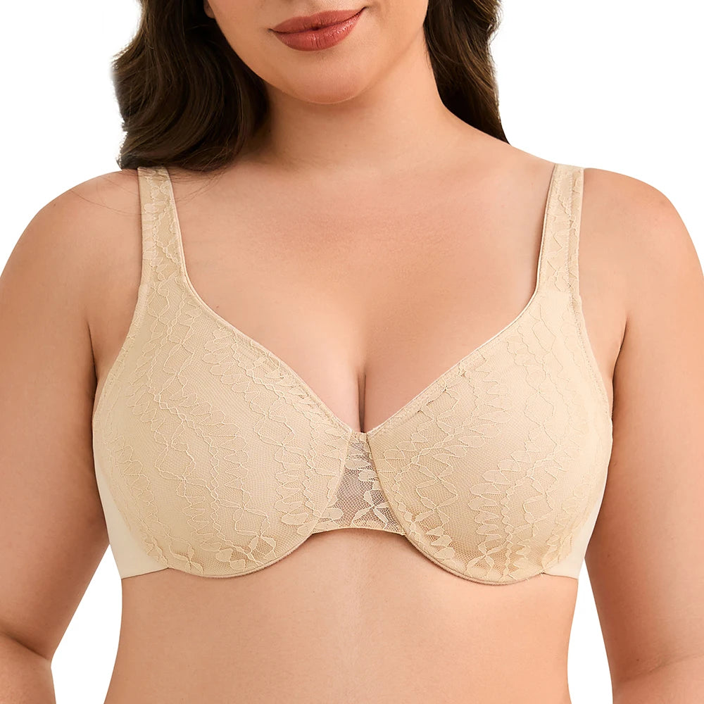 Plus Size Floral Lace Minimizer Bra | Ultra-Thin Underwire Non-Padded Full Cup Support