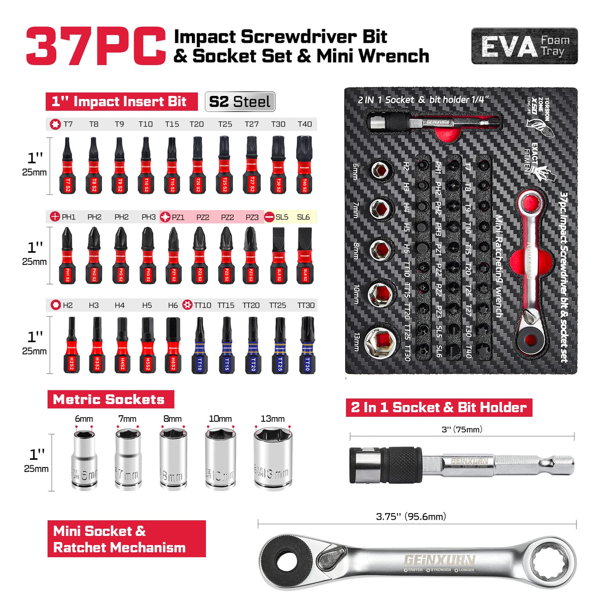37 Pcs Metric Impact Screwdriver & Socket Set – Mixed S2 Steel Bits with EVA Foam Storage Tray