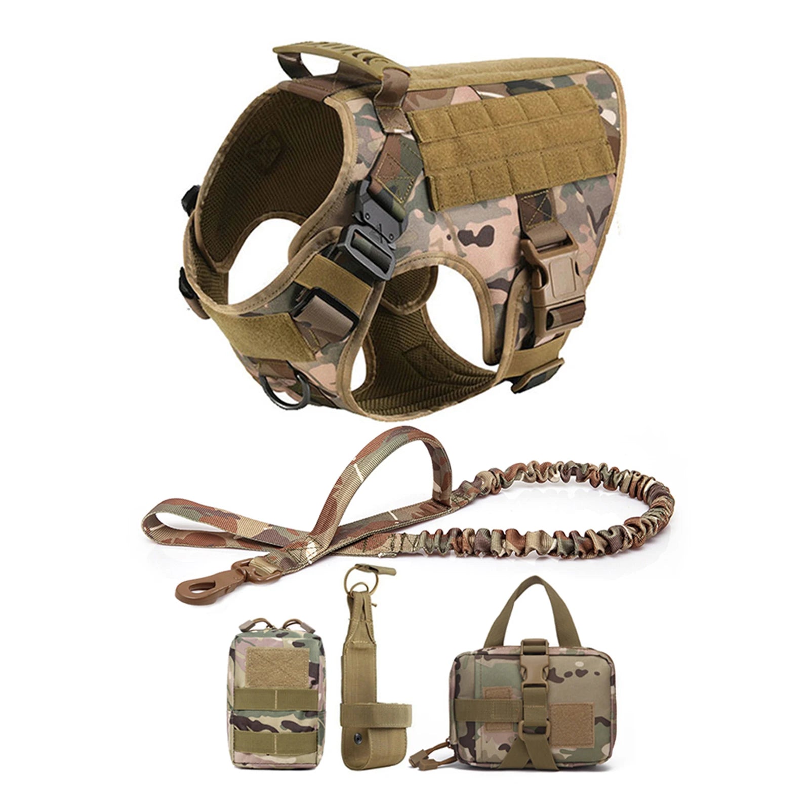 Tactical Large Dog Harness & Leash with MOLLE Pouches – Training Vest for Golden Retriever & French Bulldog