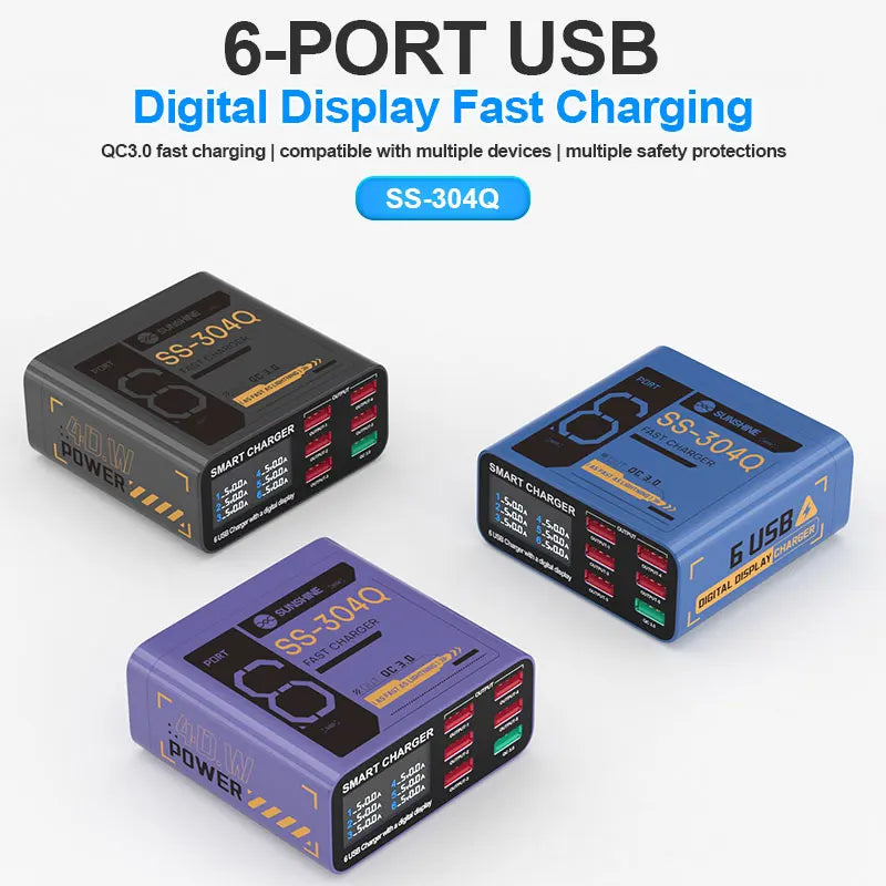 SS-304Q 6 port Usb Digital Display Fast Charge by Snagg A Charging Station