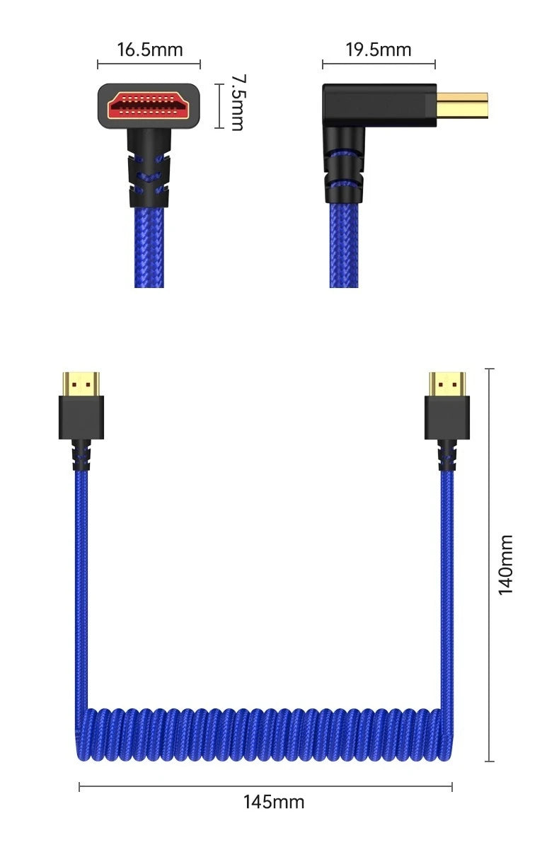 8K/4K Spring Coiled HDMI Cable with Elbow – For Digital Camera, Stabiliser & Monitor