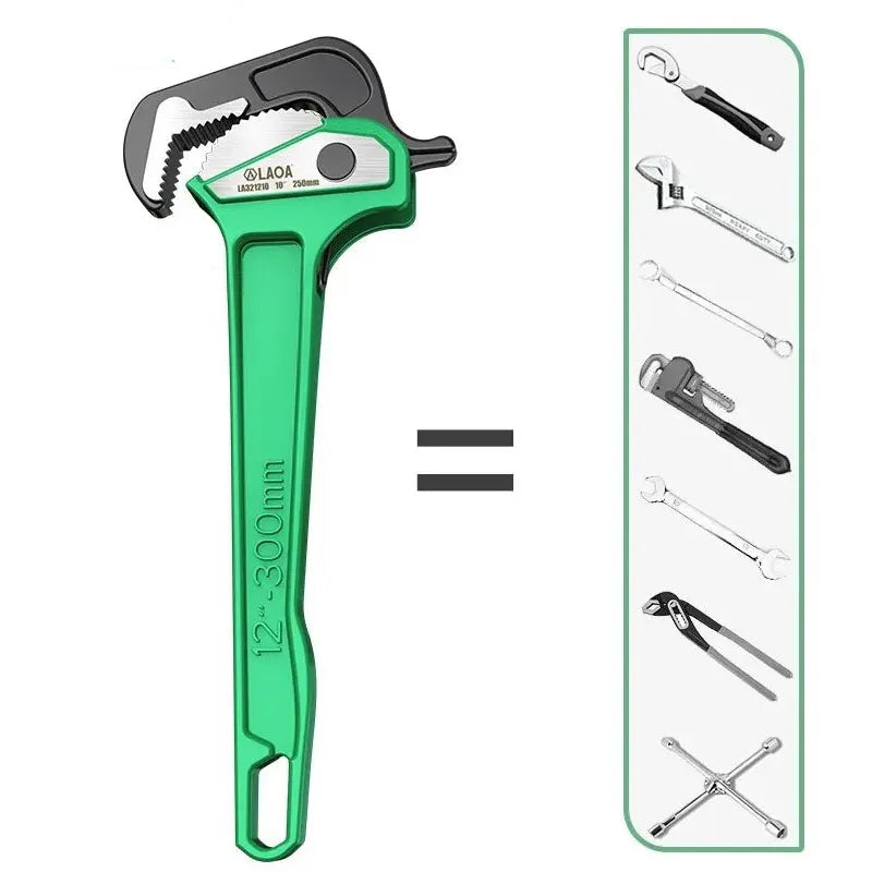 Green adjustable wrench with LAOA branding and a set of interchangeable heads on a white background.